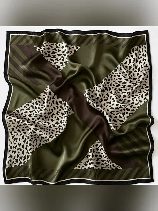 Olive  Green Leopard Print Square Scarf
