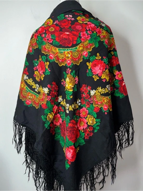 Vintage Russian Wool Floral Shawl Black Floral 52