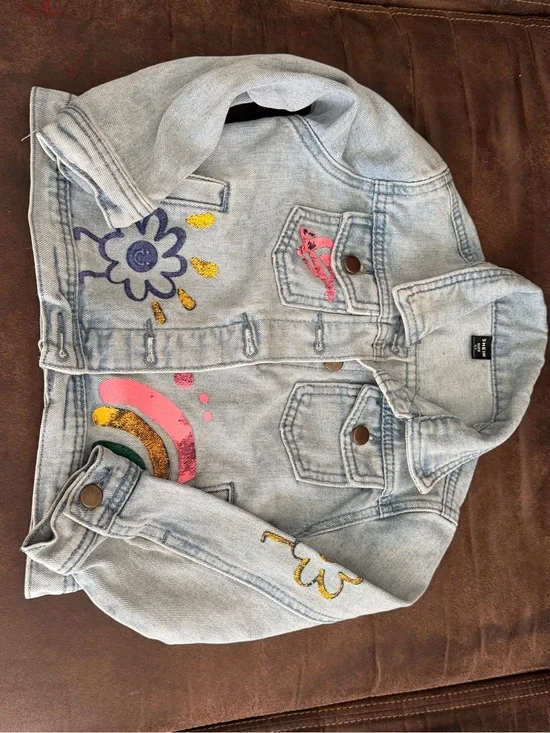 SHEIN Light Blue Denim Jacket with Pink, Yellow & Purple Accents