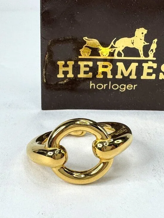 Vintage Hermès Mors Horsebit Gold Tone Scarf Ring Authentic GS866