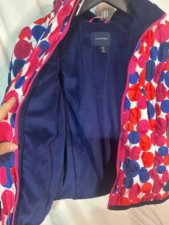 Lands End S 7/8 fleece lined polka dot hooded warm jacket blue red white euc