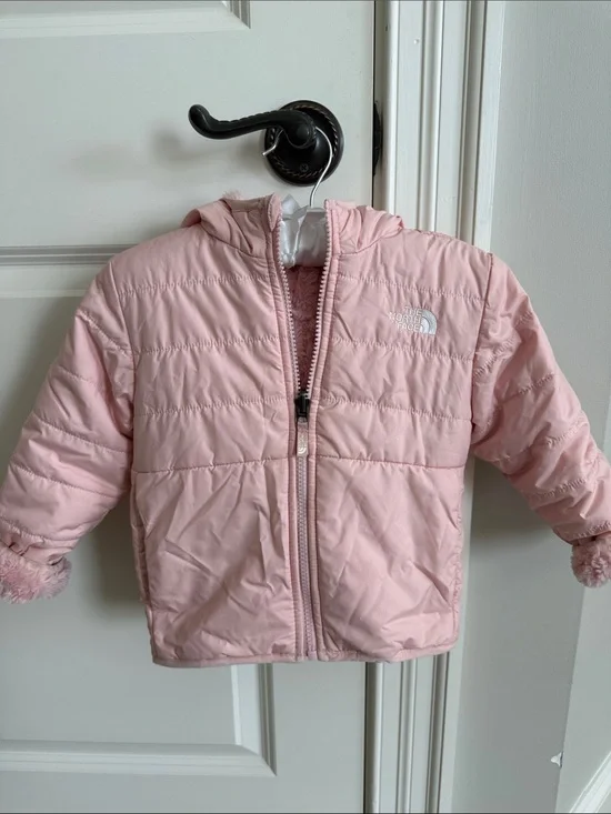 Reversible The North Face Kids Pink Fuzzy Puffer Hooded Jacket