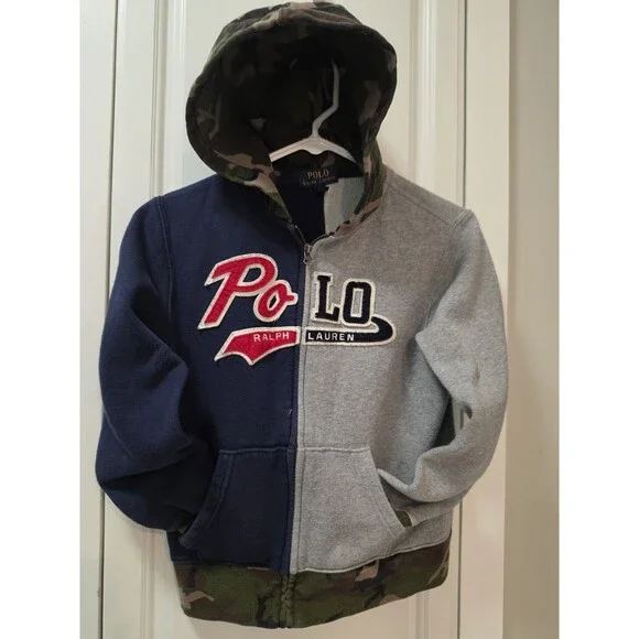 Polo Ralph Lauren Jacket Youth M 10-12 Camo Colorblock Stitched Logo Zip Hoodie