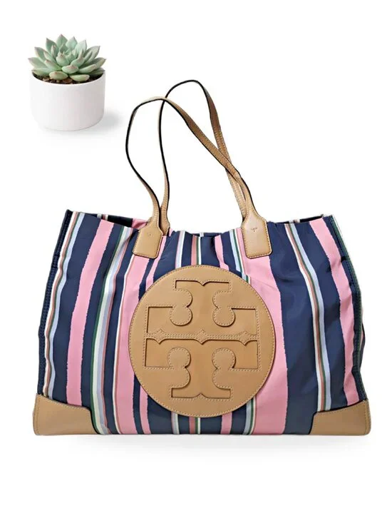 Tory Burch Ella Tote Navy Pink Stripe Nylon Large Shoulder Bag Leather Trim