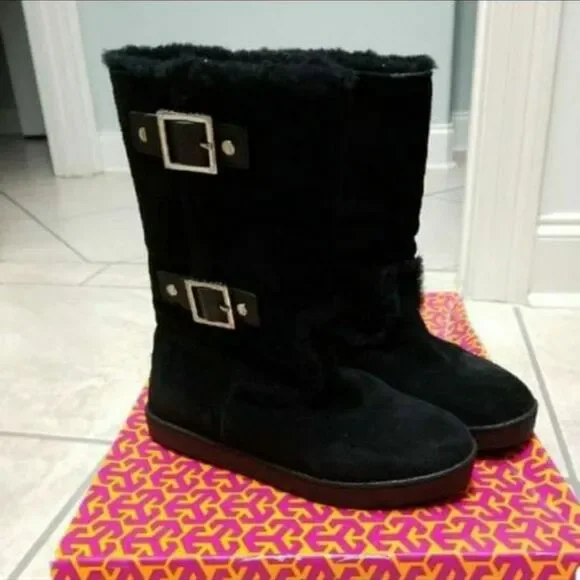Tory Burch Black Shearling Nadine Amelie Buckle Suede Leather Boots Size 7.5