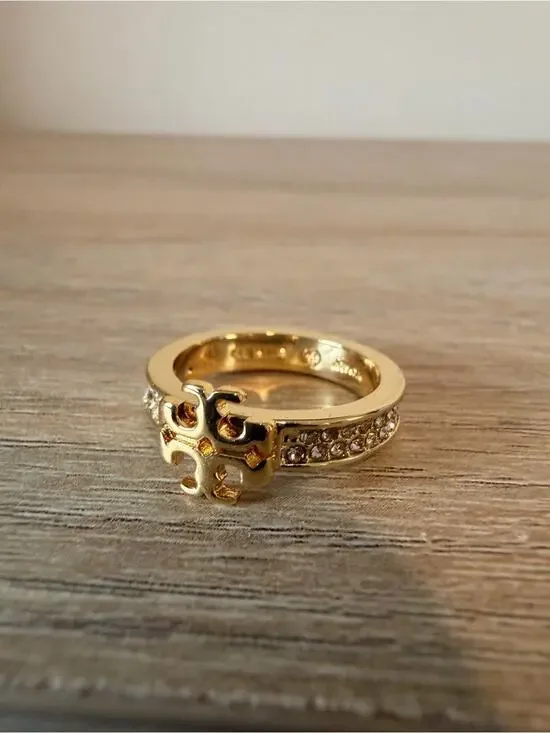 Tory Burch Crystal Miller Logo Ring Gold Tone Pave Size 7