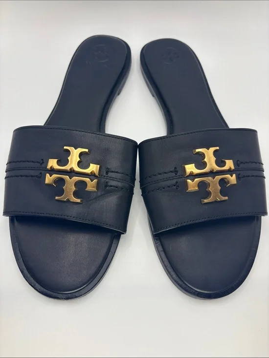 Tory Burch Black Leather Slide Sandals with Gold Logo