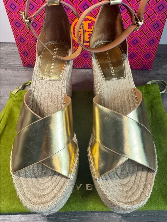 Tory Burch Shelby Wedge Gold Metallic Espadrille Platform Sandals size 7.5 $278