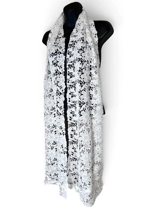 White Floral Crochet Knit Scarf/Sarong/Belt Customizable Styling Cotton Blend