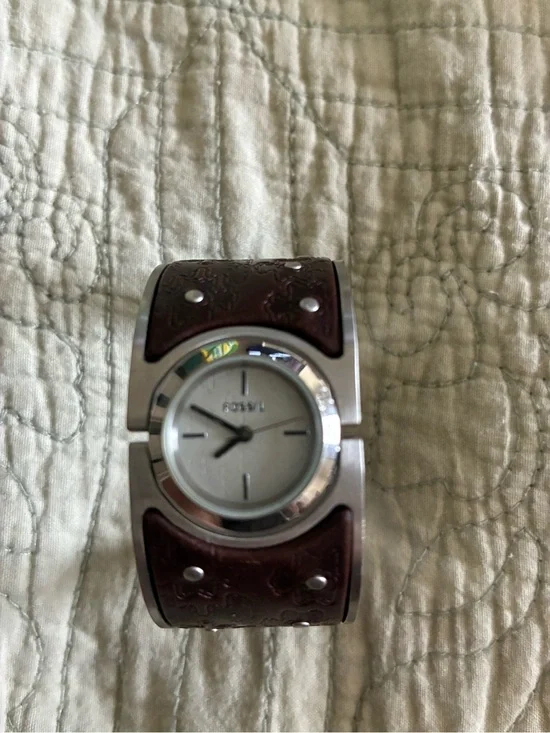 Fossil Silver Dial Watch with Brown Leather Cuff