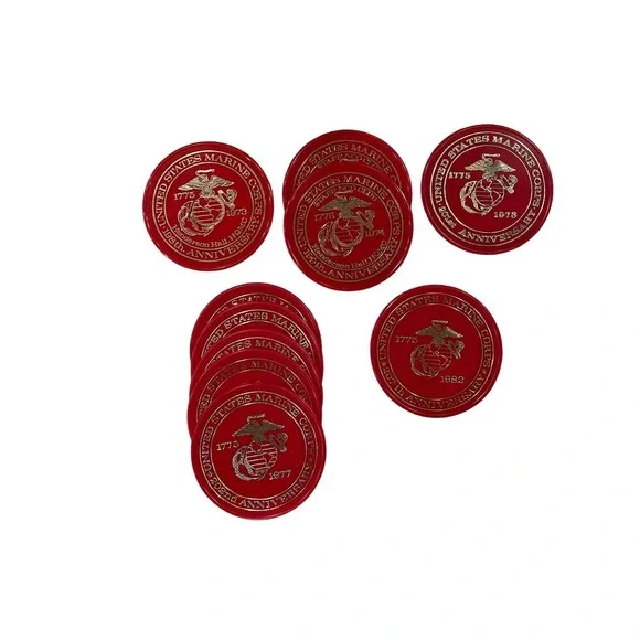 Lot of‎ 10 USMC Anniversary Plastic Red Coasters, Marines 3 1/2
