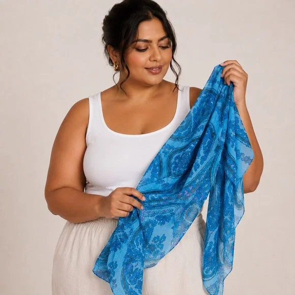 Twos Company Paisley Scarf Turquoise Blue Purple Sheer Lightweight Boho Wrap