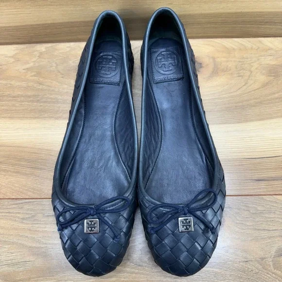 Tory Burch Woven Leather Ballet Flats 10 M Navy Blue Weave Bow Logo Office Walk