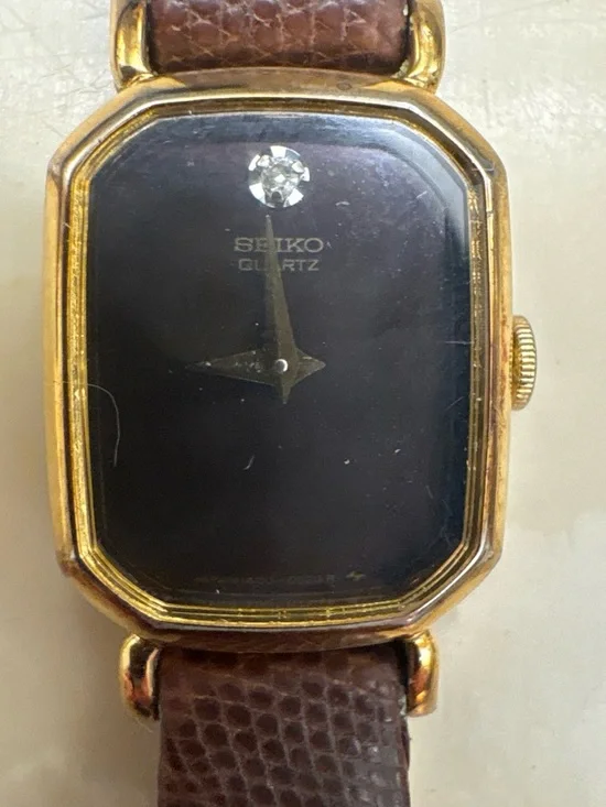Seiko Black Dial Gold-Tone Case with Brown Leather Strap