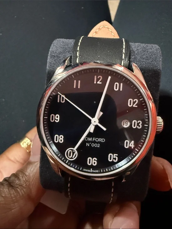 Tom Ford Black Dial Silver Case Leather Strap Watch
