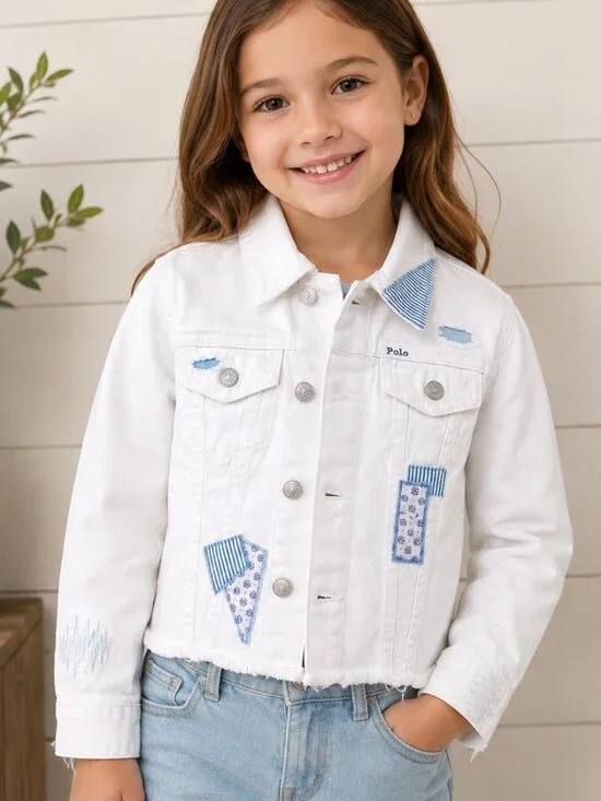 Polo Ralph Lauren Girls 6X White Denim Jacket Blue Patchwork Y2K Vintage