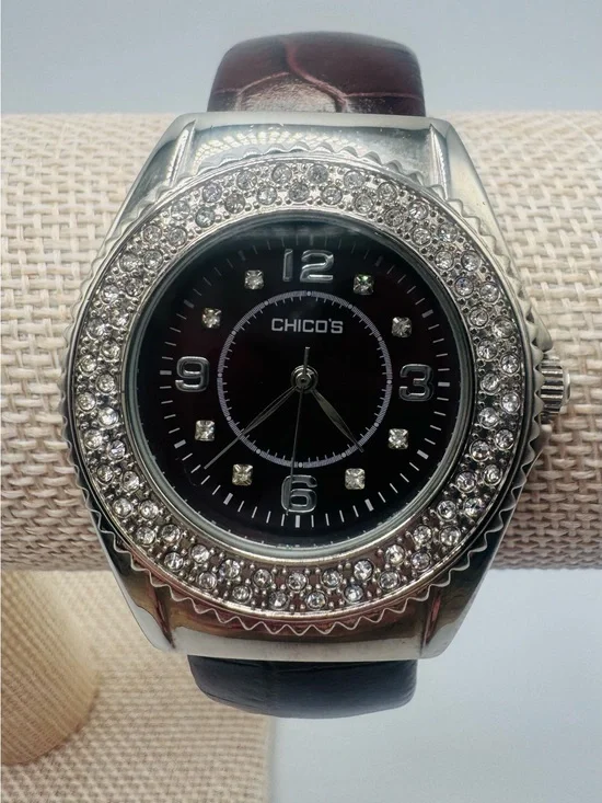 Chico's Black Dial Watch with Silver Crystal Bezel and Brown Strap