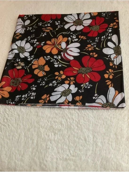 Floral Print Black Scarf with Red & White Blooms