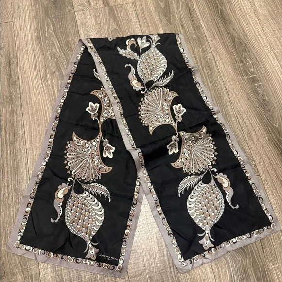 Adrienne Landau Studio Black Gray Beige Floral Silk Scarf