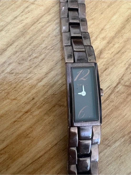 DKNY Brown Metal Link Bracelet Watch with Black Rectangular Dial
