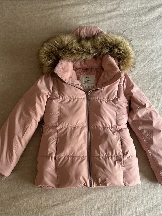 Abercrombie Kids A&F Ultra Puffer Jacket Pink Faux Fur Hood Girls 9/10