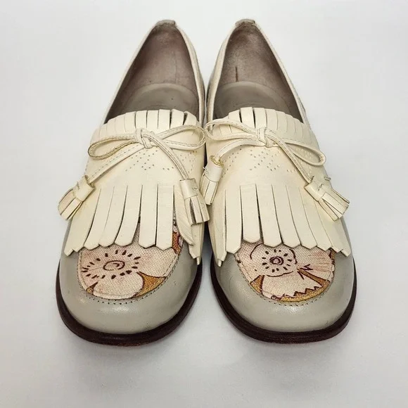 Tory Burch Ruth Floral Tassel Kiltie Loafers Size 7 Gray Leather Boho Chic Prep