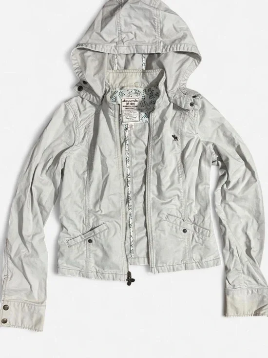 VINTAGE abercrombie kids Light Gray Hooded Jean Jacket