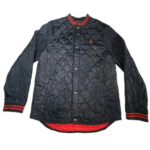POLO RALPH LAUREN Quilted Jacket Boys XL Snap Buttons Black Red Water Resistant