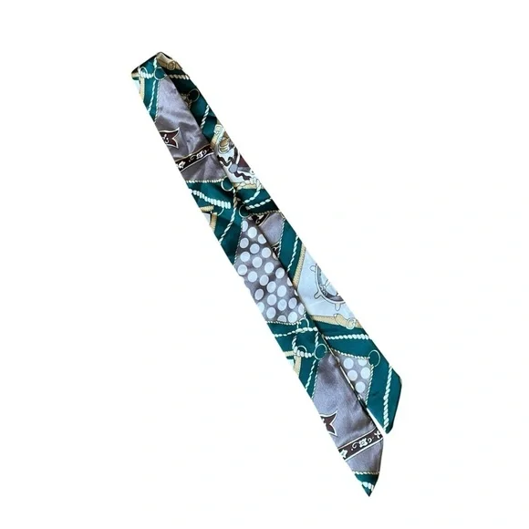 Green Nautical Tie Scarf Versatile Long Ribbon Gold White Brown 35