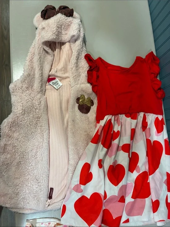 Disney Red and Pink Heart Print Girls Dress with Pink Fuzzy Vest