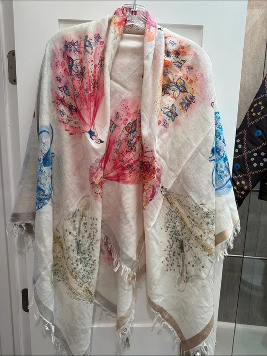 Floral Watercolor Fringe Wrap in Cream with Pink & Blue Accents