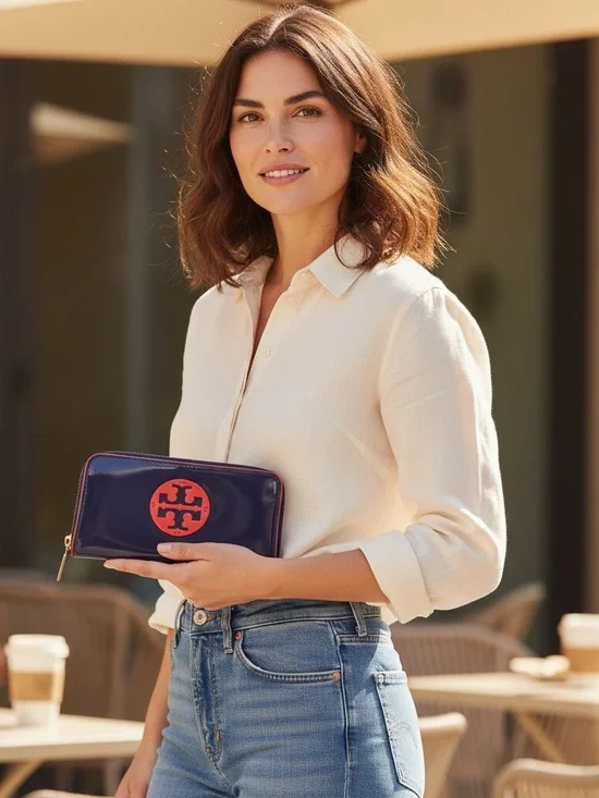 Tory Burch Patent Leather Purple and Red Long Zip-Around Wallet