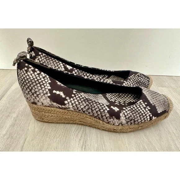 Tory Burch Womens 8.5 Heather Snake Print Wedge Espadrille Black Grey