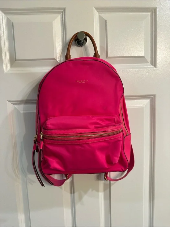 Tory Burch Hot Pink Nylon Backpack with Brown Leather Handle