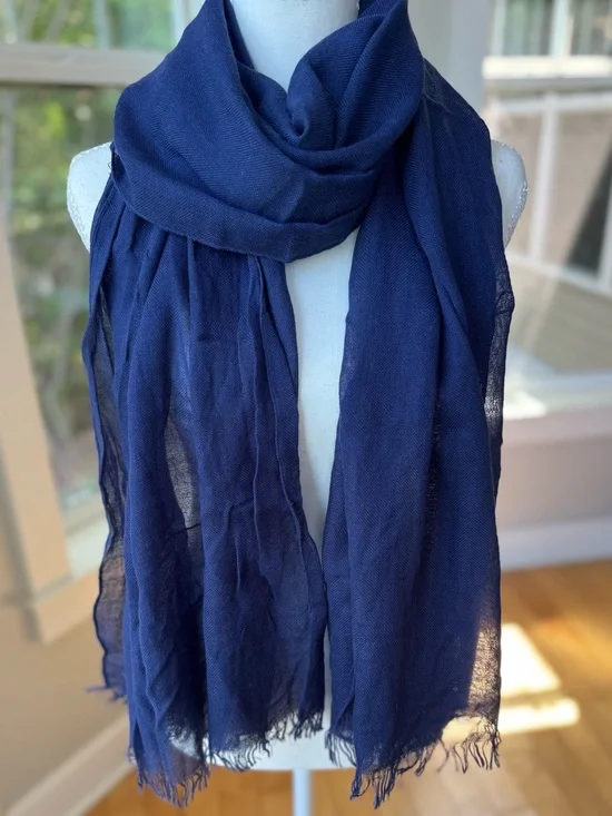 Vintage Cobalt Blue Lightweight Woven Rectangle Scarf Wrap with Fringe
