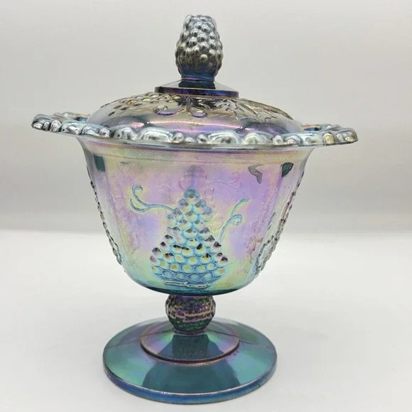 Vtg Indiana Harvest Grape Carnival Glass Covered Candy Dish Laced Pedestal Mint