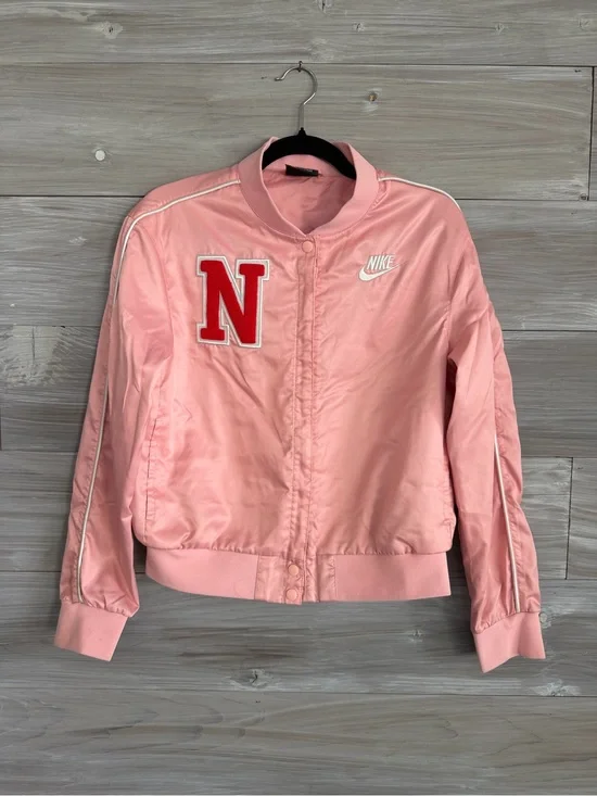 Nike Pink Satin Varsity Bomber Jacket with Red Letter Patch Girls XL