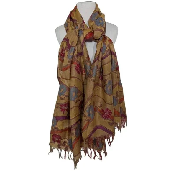 100% Pure New Wool Floral Scarf Beige Fringe Boho Rectangle Lightweight