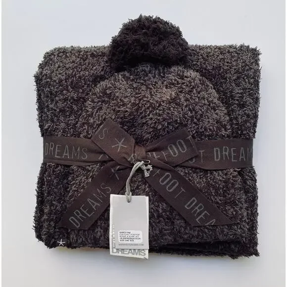 Barefoot Dreams Pom Pom Beanie and Scarf Set Cozychic Espresso Cocoa NEW