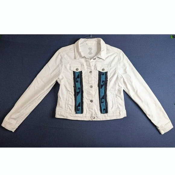 Wonder Nation Girls White Denim Jacket Southwestern Woven Panels XL 14-16 Boho