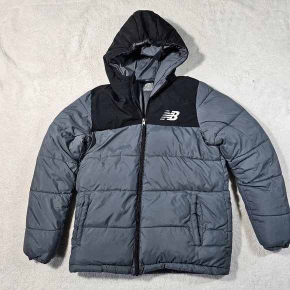 New Balance Black Gray Quilted Corduroy Ribbed Puffer Jacket 18/20