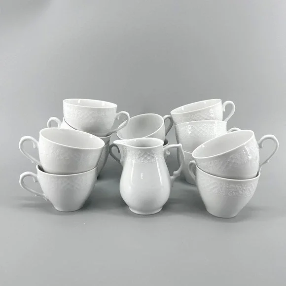 Oscar de la Renta Old Dresden Fine China 12 Tea Cups and 1 Creamer All White