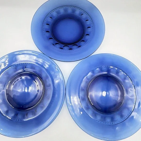 Crown Thumbprint Cobalt Blue Glass Dinner Plates Scalloped Textured Rim Set