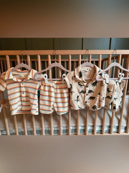 Baby Cream Dinosaur and Striped Matching Tops and Shorts Set