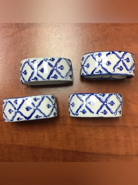 Vintage Pier One Ceramic Blue & White Batik Floral Napkin Holders (4)