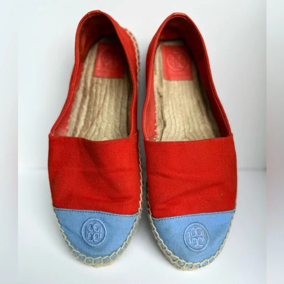 Tory Burch Colorblock Canvas Espadrilles Red Blue Flats Size 9 Logo Cap‎ Toe