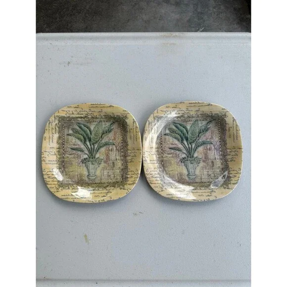 Vintage Kathleen Denis For Keller-Charles 2 Palm Tree Melamine Cube Salad Plates