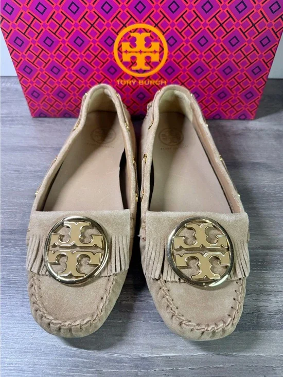 Tory Burch Alexandra Split Suede Fringe Moccasins with Gold Logo loafers sz8