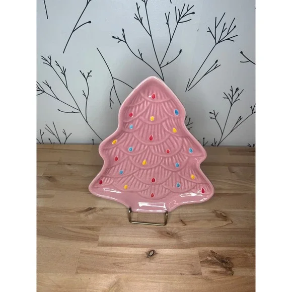 Merry Moments Pink Ceramic Christmas Tree Holiday Plate Stoneware Festive Decor