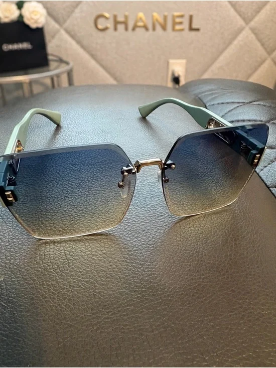 Chanel Gradient Square Rimless Sunglasses in Blue and Green